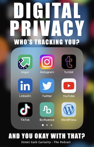 phone screen shot showing social media apps that may track you, for a podcast about digital privacy, from street curb curiosity