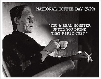 Boris Karloff as Frankenstein in between scenes enjoying a cup.