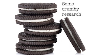 a stack of six Oreo cookies to discuss how to properly twist them apart for eating pleasure